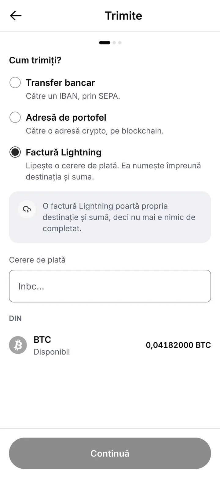 Factură Lightning aleasă în ecranul Trimite: nota că factura are propria destinație și sumă, un câmp pentru cererea de plată și contul bitcoin din care se plătește