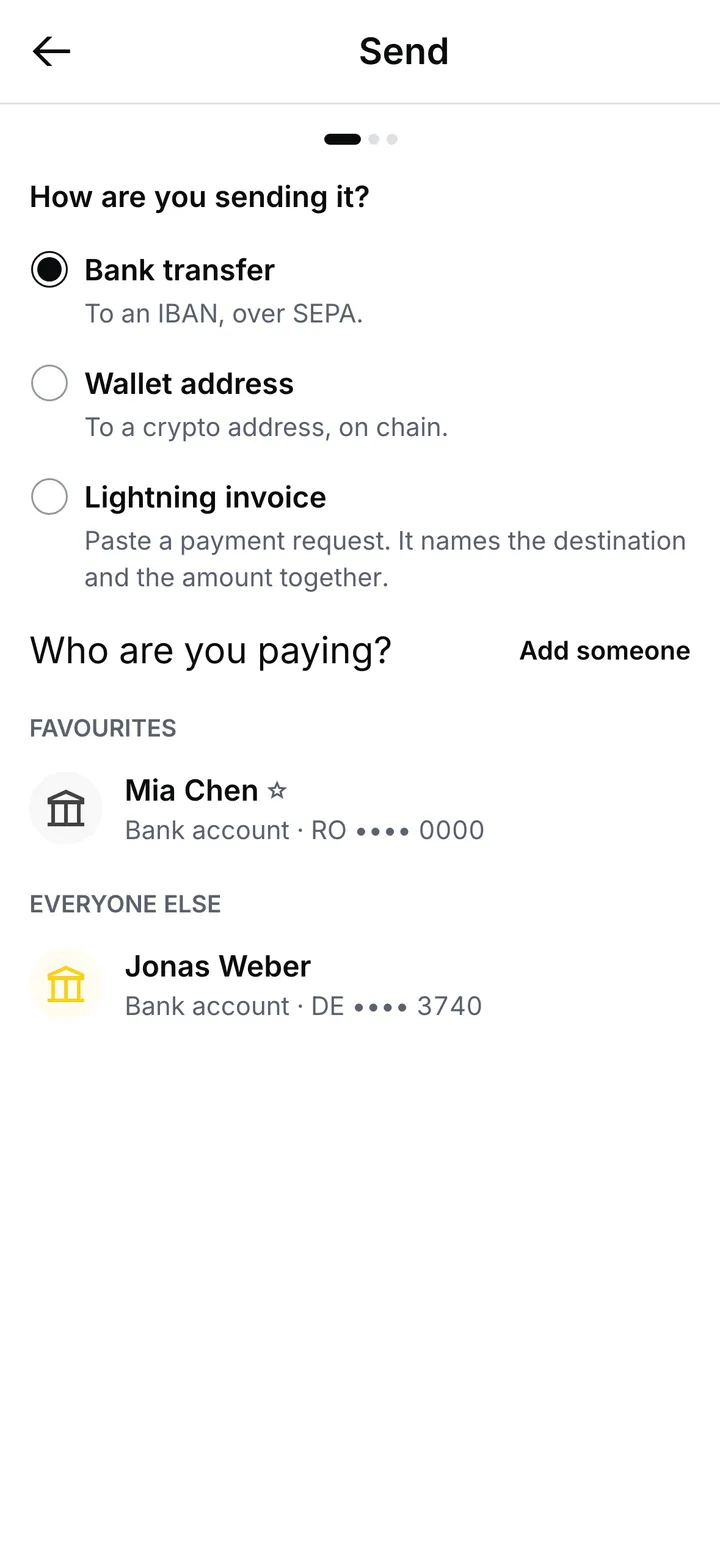 The Send screen with bank transfer, wallet address and Lightning invoice as choices, above the people you pay