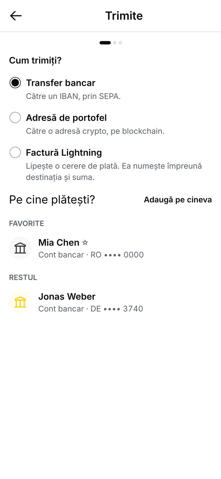 Ecranul Trimite, cu transfer bancar, adresă de portofel și factură Lightning ca opțiuni, deasupra persoanelor pe care le plătești