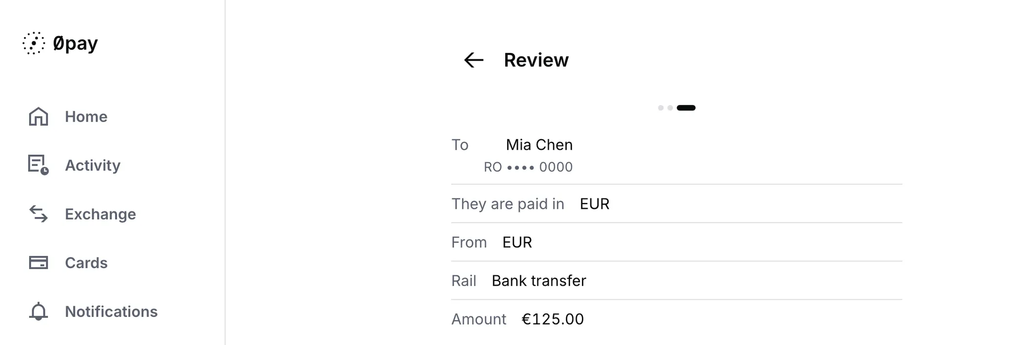 A payment review on a wide screen, beside the side rail: who is paid, the currency, the account it leaves from, the rail and the amount