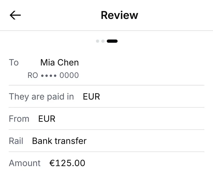 The Review screen for a bank transfer to Mia Chen: who is paid, the currency they are paid in, the account it comes from and the amount