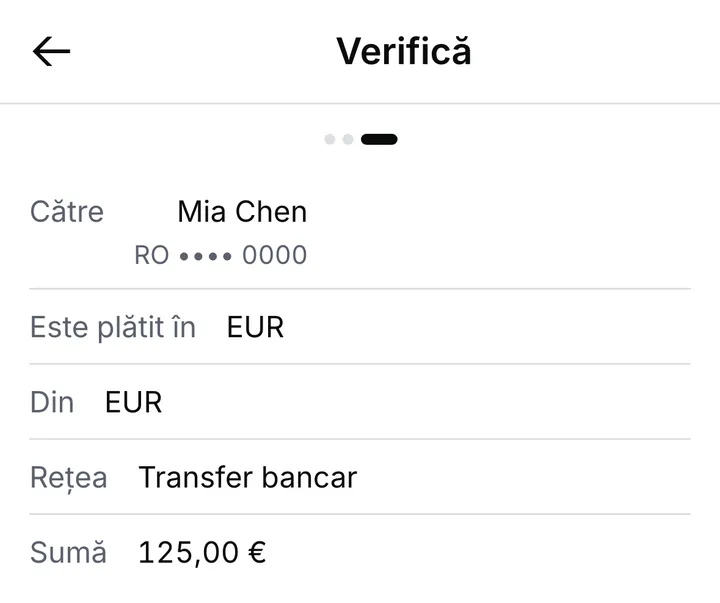 Ecranul Verifică pentru un transfer bancar către Mia Chen: cine primește, moneda în care este plătit, contul din care pleacă banii și suma