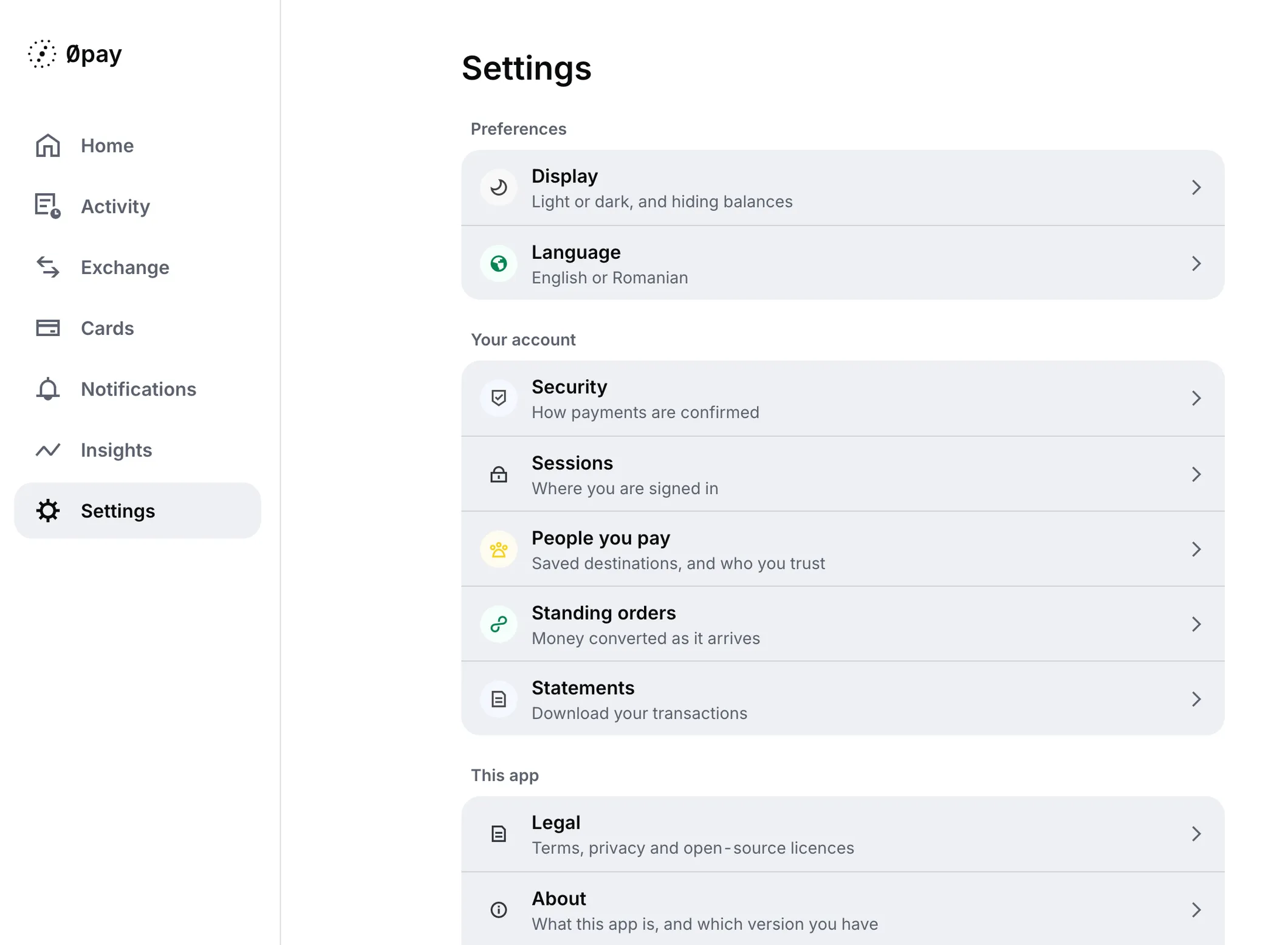 Settings on a wide screen: the app menu down the side, from Home to Settings, and beside it the settings from Display and Language to Security, Sessions, People you pay, Standing orders and Statements