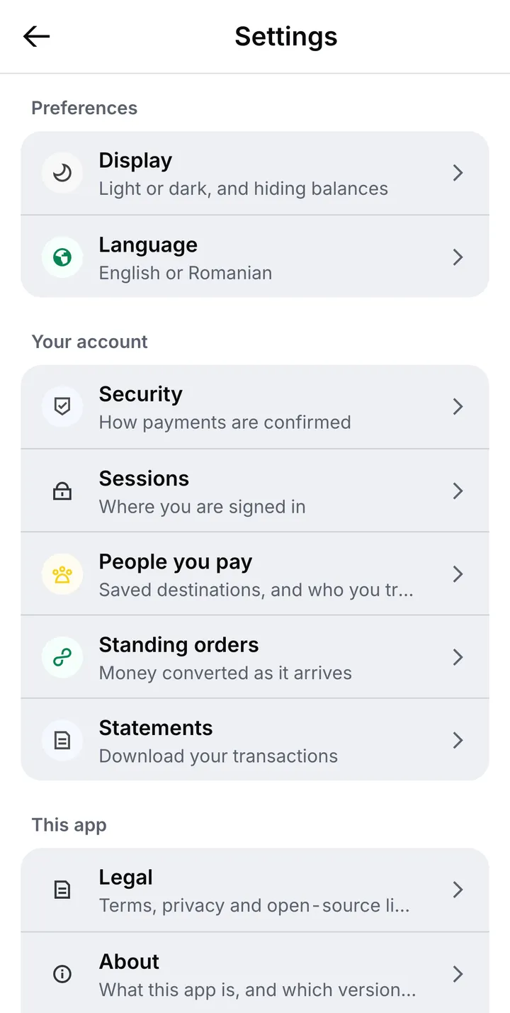 The Settings screen: Display and Language under Preferences; Security, Sessions, People you pay, Standing orders and Statements under Your account; Legal and About under This app