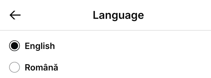 The Language screen with English chosen and Română as the other choice