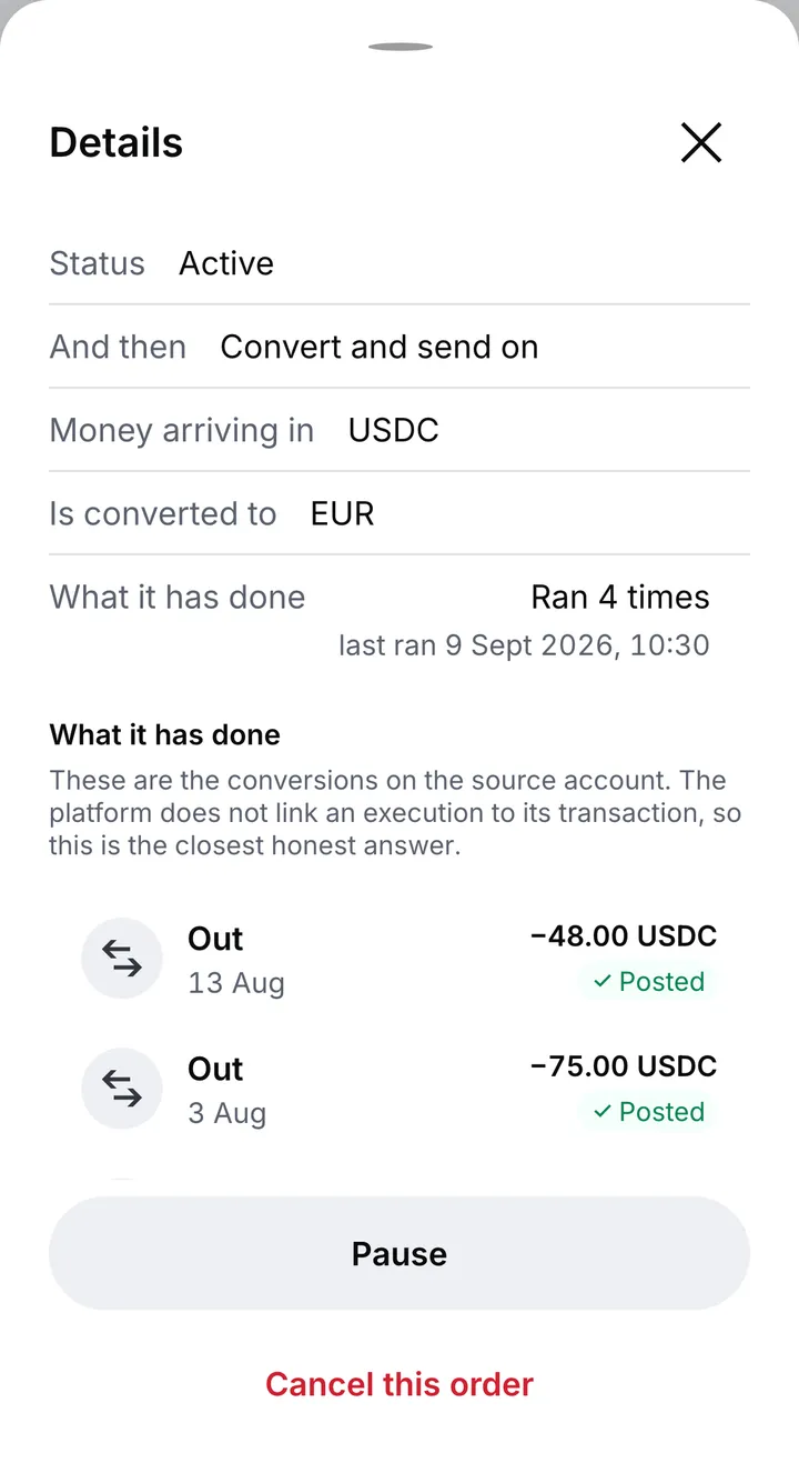 The details of an active standing order that converts money on arrival and sends it on, with the conversions it has made, a Pause button and Cancel this order