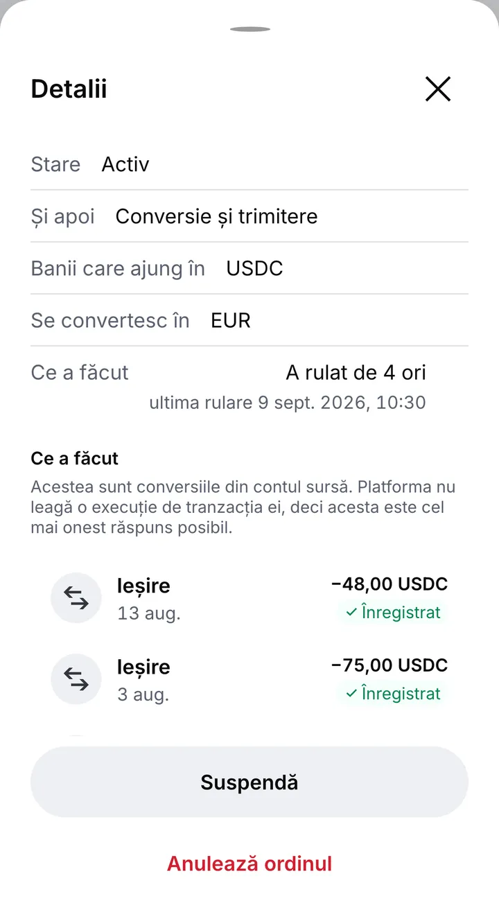Detaliile unui ordin permanent activ care convertește banii la sosire și îi trimite mai departe, cu conversiile făcute, butonul Suspendă și Anulează ordinul