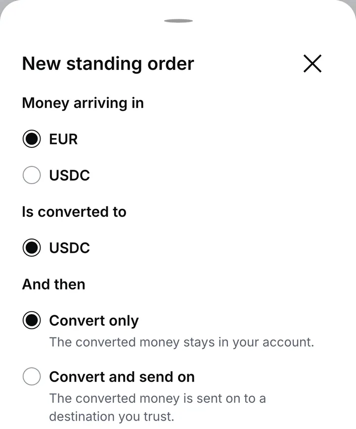The New standing order sheet: the currency money arrives in, the currency it is converted to, and then Convert only or Convert and send on