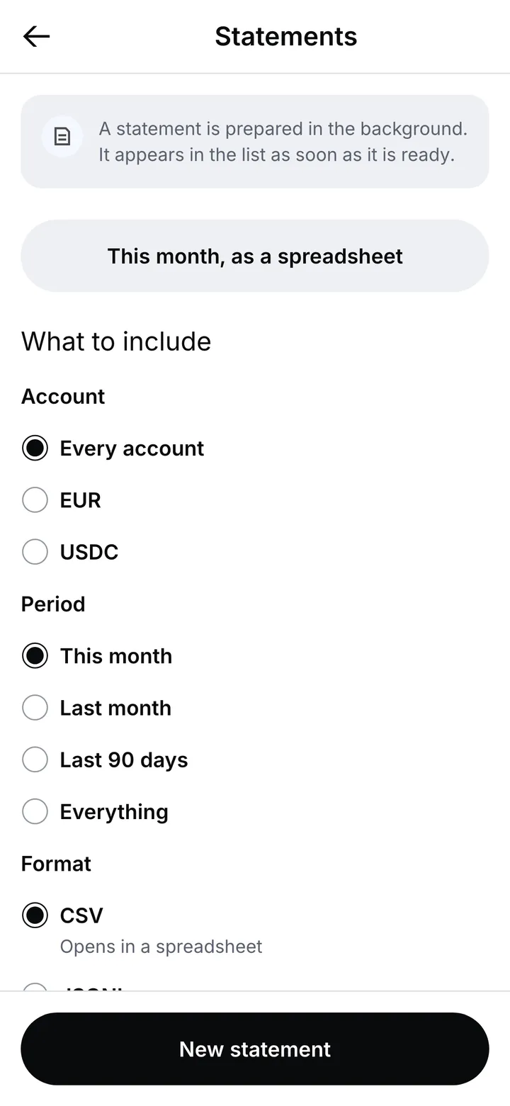 The Statements screen, with a “This month, as a spreadsheet” shortcut and a choice of account, period and format