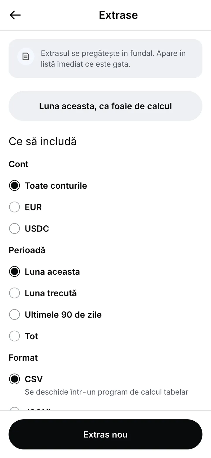 Ecranul Extrase, cu scurtătura „Luna aceasta, ca foaie de calcul” și alegerea contului, a perioadei și a formatului